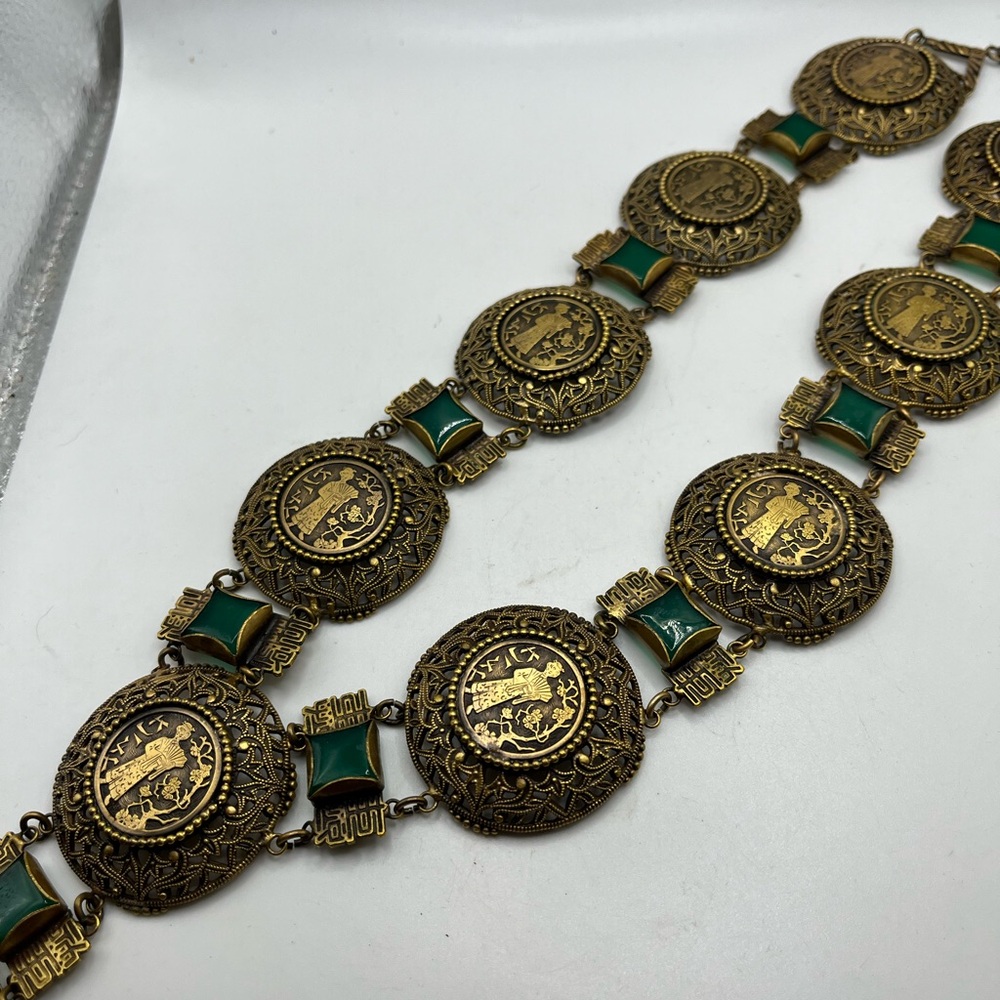 RARE Joseff Of Hollywood Necklace Asian Motif  Faux Chrysoprase 32” long - Picture 7 of 14